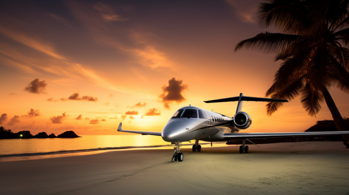 A private jet ready for takeoff on a private runway