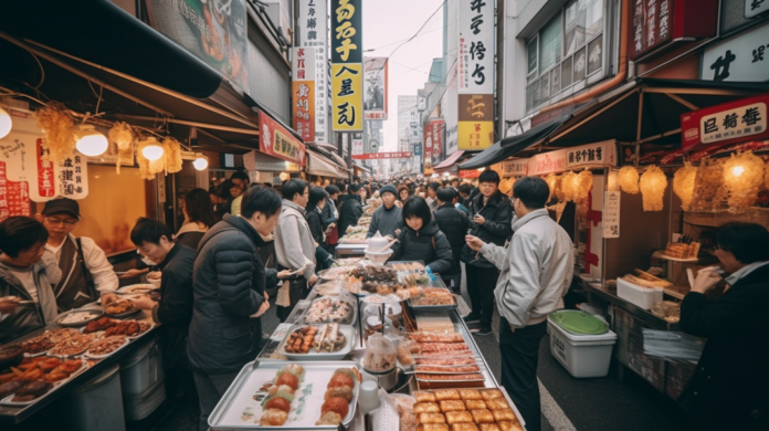 Vibrant street market in Tokyo with fresh produce and snacks