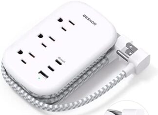 Flat Plug Power Strip, USB C Travel Power Strip Ultra Flat Extension Cord – 3 Outlets with 3 USB Ports(2 USB C), 3.2ft Wrapped Around Extension Cord for Cruise Ship, Travel, Dorm Room Essentials