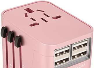 Universal Travel Adapter International All in One Plug (Rose Gold)- w/4 USB Ports Work – 150+ Countries – 220 Volt Adapter – Travel Adapter Type C A G I for UK Japan Germany France EU European