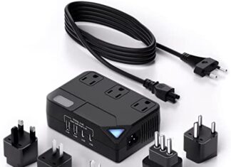 Universal 100V-220V Travel Adapter, 250W Travel Voltage Converter for curlers, straighteners, Chargers, Power Plugs with 2 USB 2 Type-c Charging Ports and 3 AC Plugs, Including A,C,D,G,I,L Type