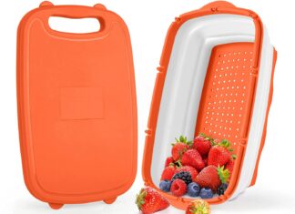 Gintan Camping Cutting Board, 9-in-1 Collapsible Cutting Board with Colander,Camping Gifts for Campers Happy Camper,Camping Accessories for RV Campers (Orange)