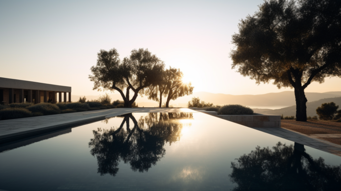 Sunset at Amanzoe, a luxurious resort in Peloponnese, Greece