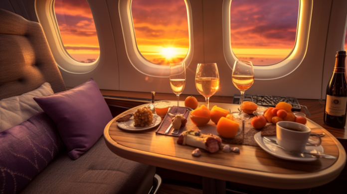 First class flight at sunset