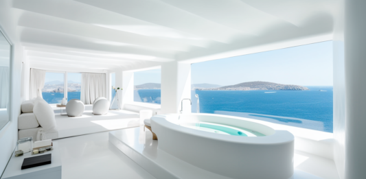 A view of the stunning and elegant suites at Bill & Coo in Mykonos