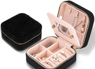 Travel Velvet Jewelry Box with Mirror, Mini Gifts Case for Women Girls, Small Portable Organizer Boxes for Rings Earrings Necklaces Bracelets (Black)