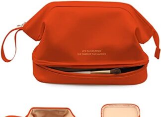 Abiudeng ,Double Layer Makeup Bag, Travel Portable Leather Toiletry Bag,Roomy Cosmetic Bag for Women and Girls.Orange