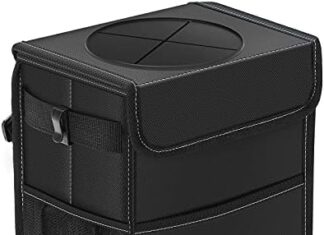 K KNODEL Car Trash Can, Waterproof Garbage Can/ Bag with Lid, Leak-Proof Trash Bin, Car Trash Hanging (Medium, Black)