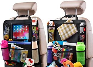 Helteko Backseat Car Organizer, Kick Mats Back Seat Protector with Touch Screen Tablet Holder, Car Back Seat Organizer for Kids, Car Travel Accessories, Kick Mat with 9 Storage Pockets 2 Pack, Black
