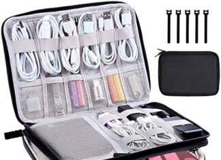 CNPOP Electronics Organizer,Travel Cable Organizer Bag,Water Resistant Double Layers Pouch for Cable,Cord,iPhone,iPad Mini,Gift for Men Electronic Accessories Storage Case with 5 Cable Ties,Black
