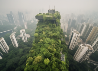 Travel Sustainability Challenges An awe-inspiring aerial view of a bustling cityscape with futuristic skyscrapers piercing through the clouds