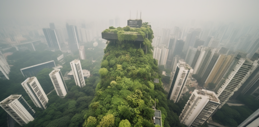 An awe-inspiring aerial view of a bustling cityscape with futuristic skyscrapers piercing through the clouds