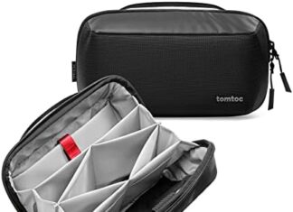 tomtoc Electronic Organizer Accessory Tech Pouch for MacBook Charger, Cables, Power Bank, Hard Drive, Travel Cords, Water-resistant Storage Bag with Removable Card Slots for USB Adapter, Memory Card (Black)