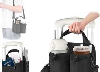 Luggage Cup Holder, Travel Drink Holder Bag with Shoulder Strap, Luggage Cup Caddy with Zipper Pocket, Suitable for Most Suitcase Handles Can Hold Two Coffee Mugs, Airplane Travel Accessories – Black