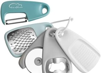 Kitchen Gadgets Set 5 Pieces, Space Saving Cooking Tools Cheese Grater, Bottle Opener, Fruit/Vegetable Peeler, Pizza Cutter, Garlic/Ginger Grinder, Stainless Steel Accessories Dishwasher Safe(Blue)…