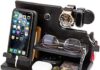 TESLYAR Wood Phone Docking Station Ash Key Holder Stand Watch Organizer Men Gift Husband Wife Anniversary Dad Birthday Nightstand Purse Father Graduation Male Travel Idea Gadget (Black)