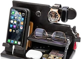 TESLYAR Wood Phone Docking Station Ash Key Holder Stand Watch Organizer Men Gift Husband Wife Anniversary Dad Birthday Nightstand Purse Father Graduation Male Travel Idea Gadget (Black)