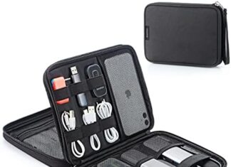 Electronics Organizer Travel Cable Organizer Bag, Portable Electronic Accessories Carry Case Waterproof Double Layers All-in-One Storage Bag for Cable, Cord, Charger, Phone, Earphone and More, Black