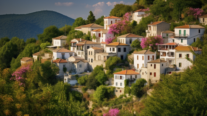 A breathtaking view of Pelion, Greece - mountains, lush forests, and sparkling blue sea