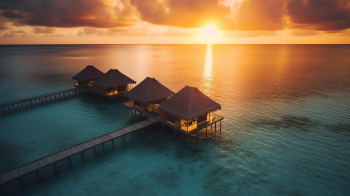 luxurious Maldives overwater hotel at sunset