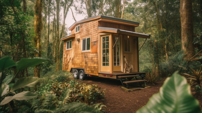 Embarking on a thrilling adventure, a tiny home sits nestled in the midst of an ancient forest