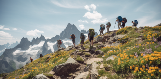 Over 30s tour group hiking through the mountains