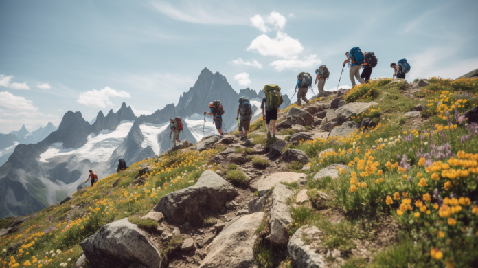 Over 30s tour group hiking through the mountains Over 30s tour group hiking through the mountains