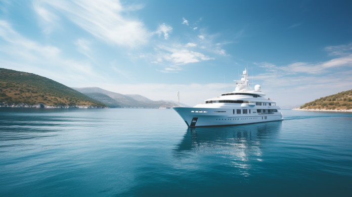 a luxurious yacht glides serenely through tranquil turquoise waters