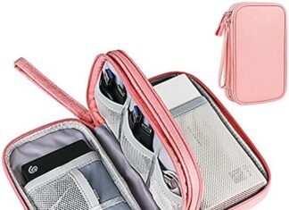Fxkoolr Electronic Travel Packing Organizer Travel Cable Organizer Pouch for Cable, Charger, Phone, SD Card, Business Travel Gadget Bag (Double Layer, Small, Light Pink)