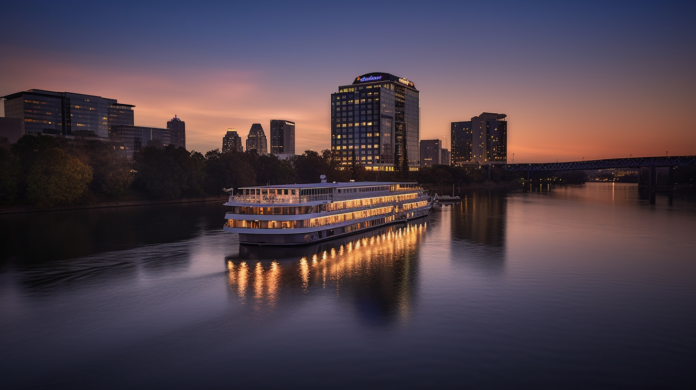 a sleek modern American river cruise along a winding river