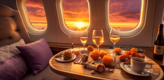 Luxury solo travel tours, an opulent private jet interior with plush leather seats,