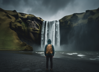 The Best Countries for Solo Travelers in 2023 a lone figure stands facing a majestic waterfall, back to the camera, wearing a weathered backpack, dark storm clouds gathering overhead
