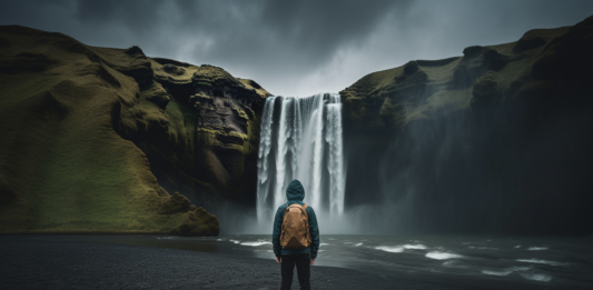 a lone figure stands facing a majestic waterfall, back to the camera, wearing a weathered backpack, dark storm clouds gathering overhead