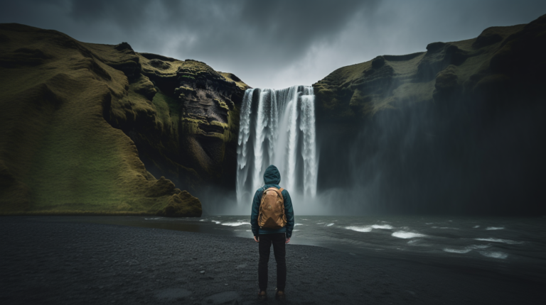 a lone figure stands facing a majestic waterfall, back to the camera, wearing a weathered backpack, dark storm clouds gathering overhead