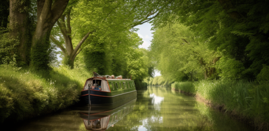 BARGE HOLIDAYS IN ENGLAND, a serene canal with a traditional narrowboat drifting lazily, surrounding verdant countryside