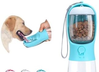 Paoakaola Dog Water Bottle 2 in 1, Leak Proof Portable Pet Water Bottle with Food Container, Outdoor Portable Water Dispenser for Cat, Rabbit, Puppy for Walking, Hiking, Camping, Travel(19oz Blue)