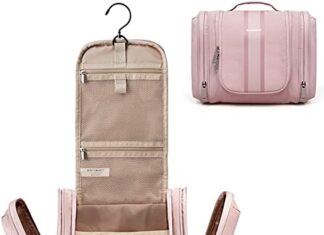 BAGSMART Toiletry Bag for Women, Travel Toiletry Organizer with hanging hook, Water-resistant Cosmetic Makeup Bag Travel Organizer for Shampoo, Full-size Container, Toiletries, Pink-Medium