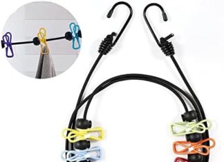 Travel Clothesline with 12 Clothespins, Windproof Portable Clothesline for Outdoor Travel Gadgets, Camping Accessories, Indoor Laundry Drying, RV Accessories, Junvaia Stretchy Retractable Clothes Line