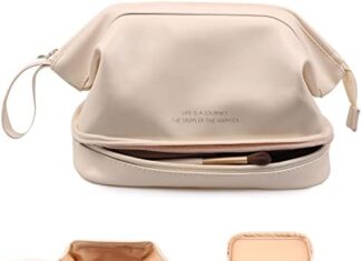 Abiudeng Makeup Bag,Double Layer Cosmetic Bag,travel essentials Makeup Bag,Leather Makeup Bag, Cosmetic Travel Bags,Portable Leather Toiletry Bag,Roomy Cosmetic Bag for Women and Girls.White