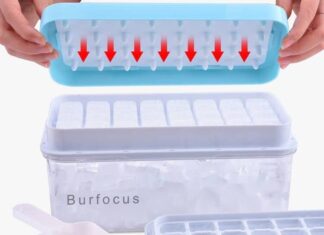 Burfocus Ice Cube Tray with Lid and Bin, Ice Trays Ice Maker for Freezer with Container Silicone Ice Cube Tray Mold Easy Release BPA Free Large Ice Cube Maker for Whiskey,Cocktail
