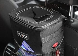 HOTOR Trash Can with Lid and Storage Pockets, 100% Leak-Proof Organizer, Waterproof Garbage Can, Multipurpose Trash Bin for Car – Black