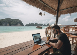 The Ultimate Guide to Being a Successful Digital Nomad Over 30 Digital Nomad in Thailand, a modern traveler settled in a beachside café, laptop open amidst tropical drinks