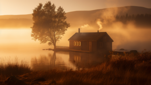  Log Cabin on a Scottish Loch, a cozy wooden cabin with smoke billowing from its chimney, situated on the shores of a tranquil loch
