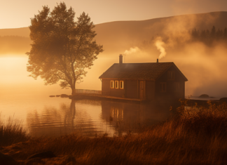The Most Magical Cabins to Stay in Scotland (2023 Guide) Log Cabin on a Scottish Loch, a cozy wooden cabin with smoke billowing from its chimney, situated on the shores of a tranquil loch