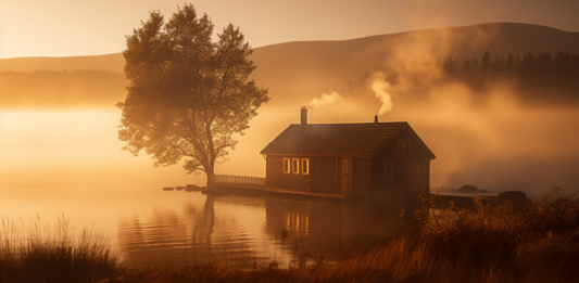 Log Cabin on a Scottish Loch, a cozy wooden cabin with smoke billowing from its chimney, situated on the shores of a tranquil loch