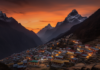 Namche Bazaar: The Vibrant Heartbeat of Everest’s Gateway Namche Bazaar Sunset, the terraced village carved into the mountainside, bathed in a warm orange glow, distant snow-capped peaks of the Himalayas
