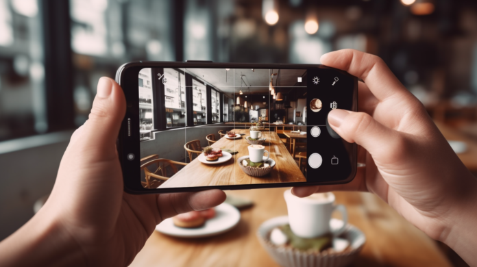 Using an AI travel app, a hand holding a sleek smartphone displaying vibrant destinations