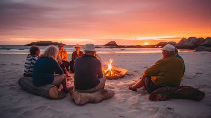 Single Travel Tours Over 35, a group of mature travelers gathered around a campfire on a secluded beach