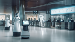 a modern airport lobby where robotic assistants help passengers while traditional agents look on