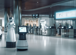 Is AI Disruptive to the Travel Industry? a modern airport lobby where robotic assistants help passengers while traditional agents look on